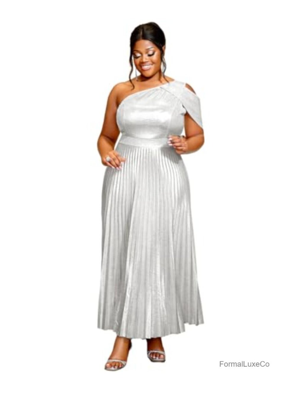 Metallic Glitter One Shoulder Pleated Maxi Evening Dress Women Formal Gown
